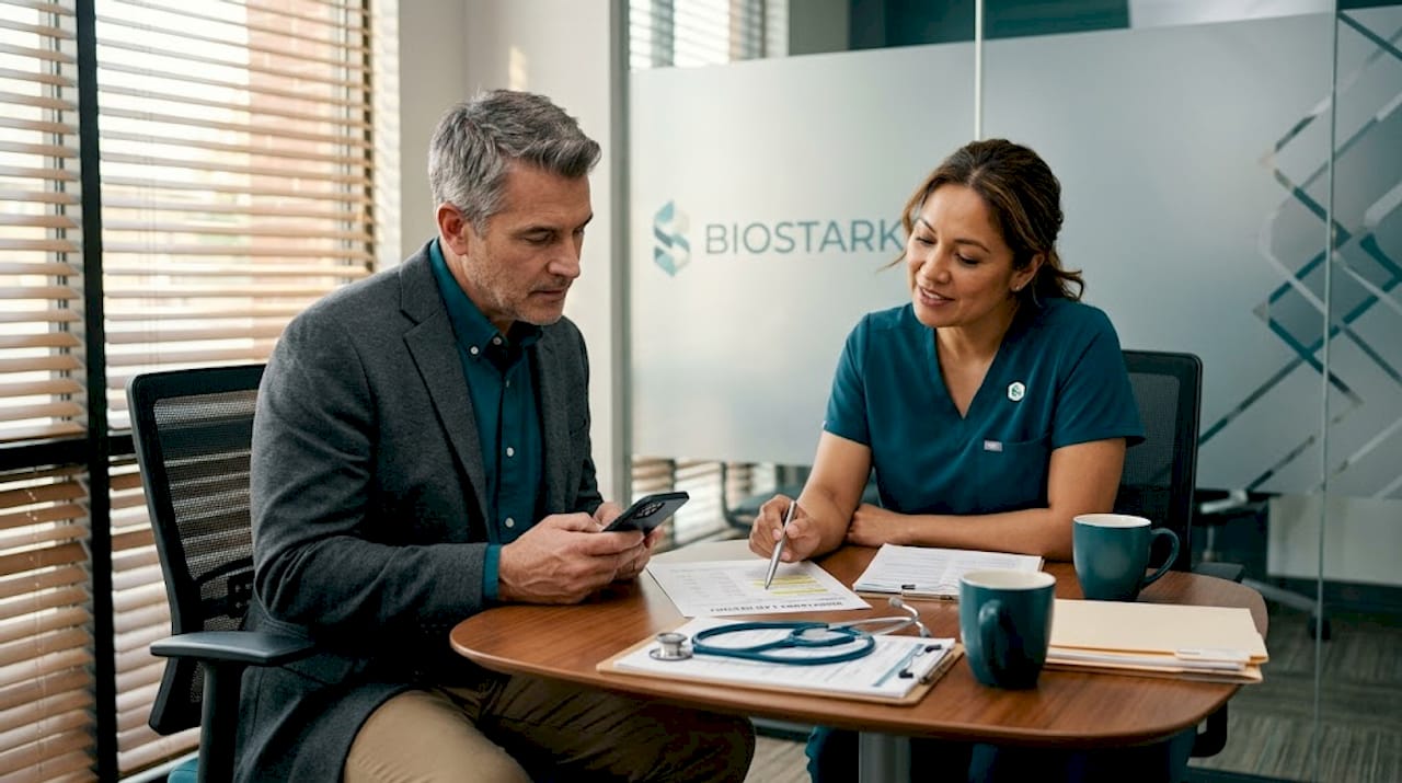 Patient and clinician discuss biomarker testing results