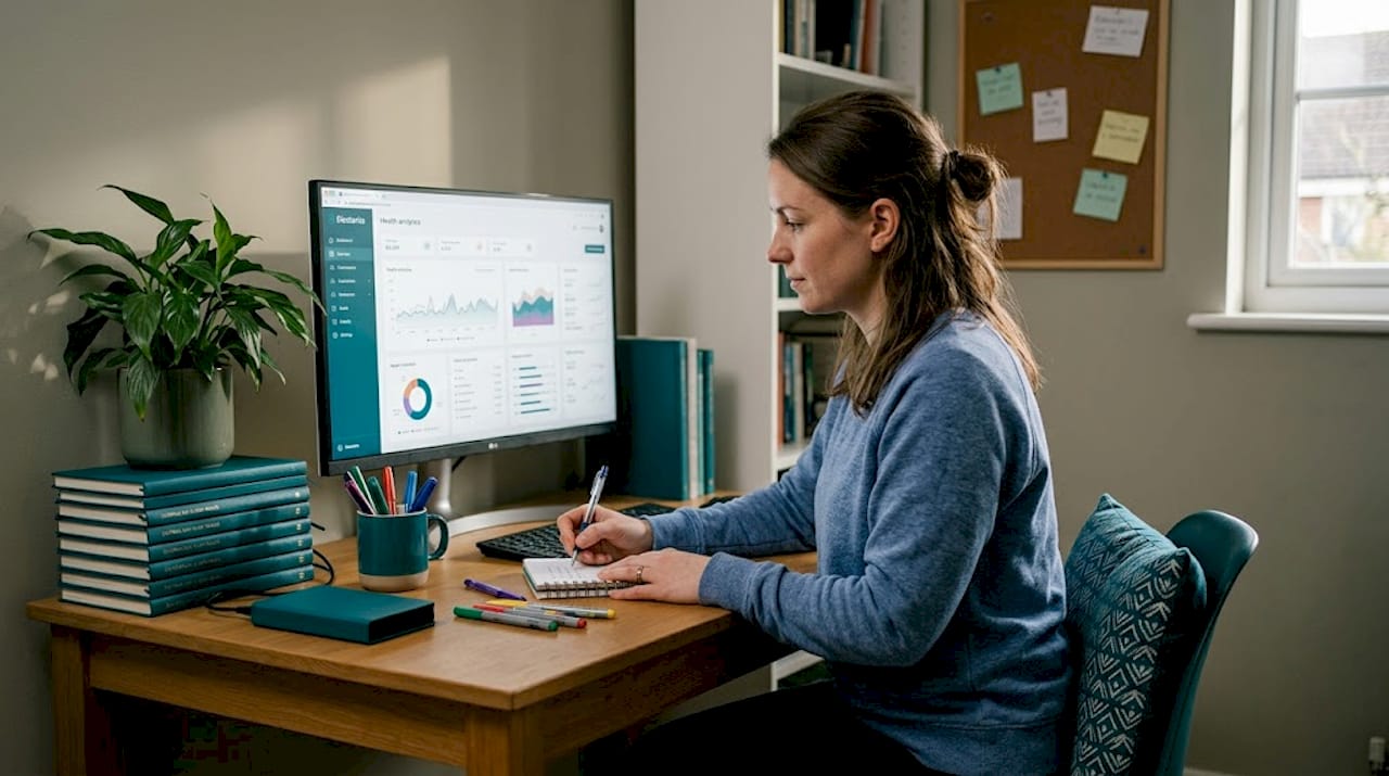 Woman viewing health analytics dashboard at home