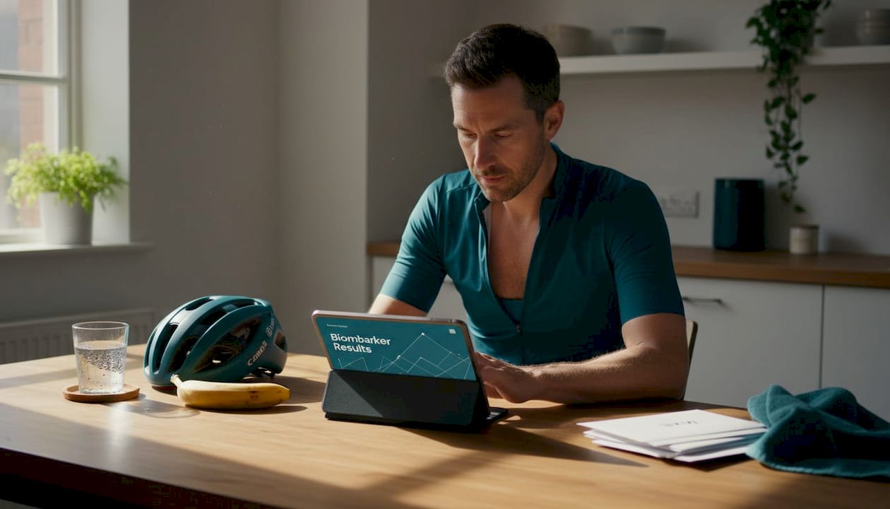Athlete reading health results at kitchen table