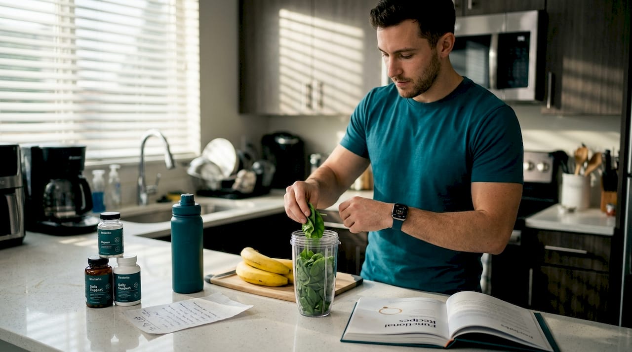 Man blending smoothie and checking fitness tracker