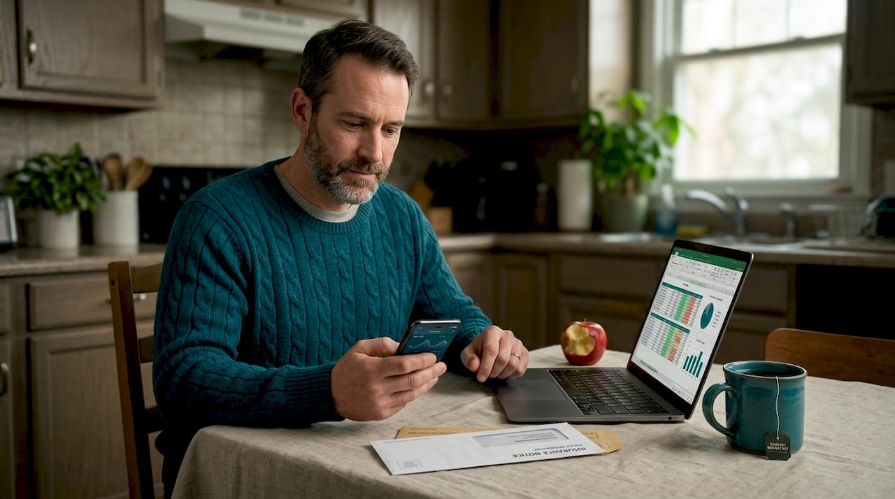 Man using health app at kitchen table
