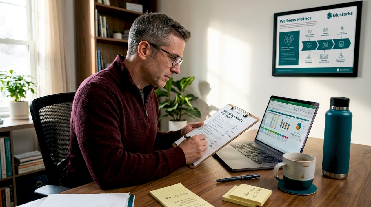 Man reviewing hormone marker checklist in home office