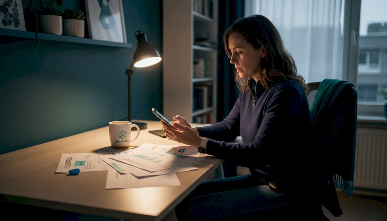 Woman reviewing biomarker results at desk