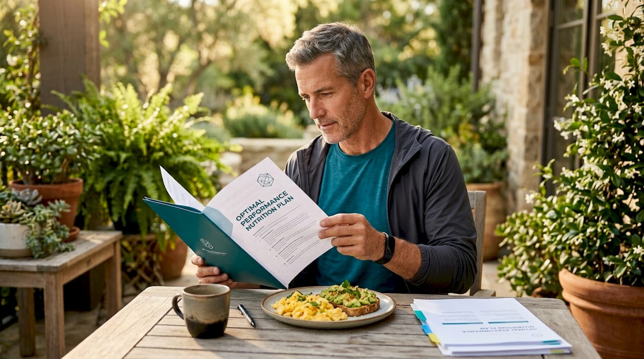 Man reading nutrition plan in kitchen