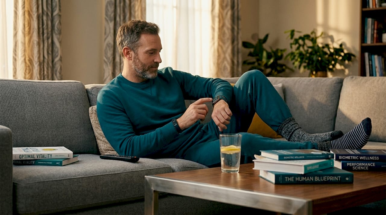 Man checking fitness stats on smartphone in living room