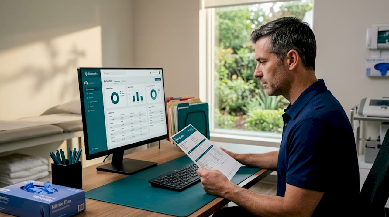 Clinic technician reviewing health records