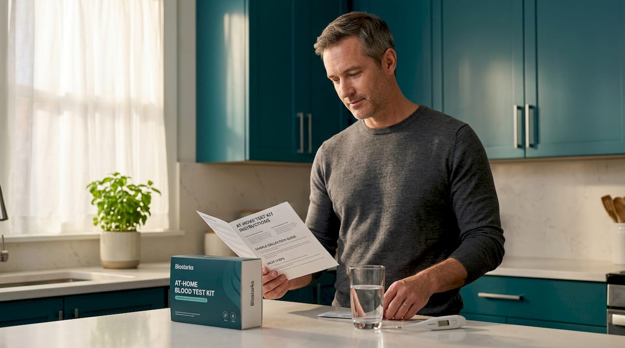 Man preparing at-home biomarker test in bathroom