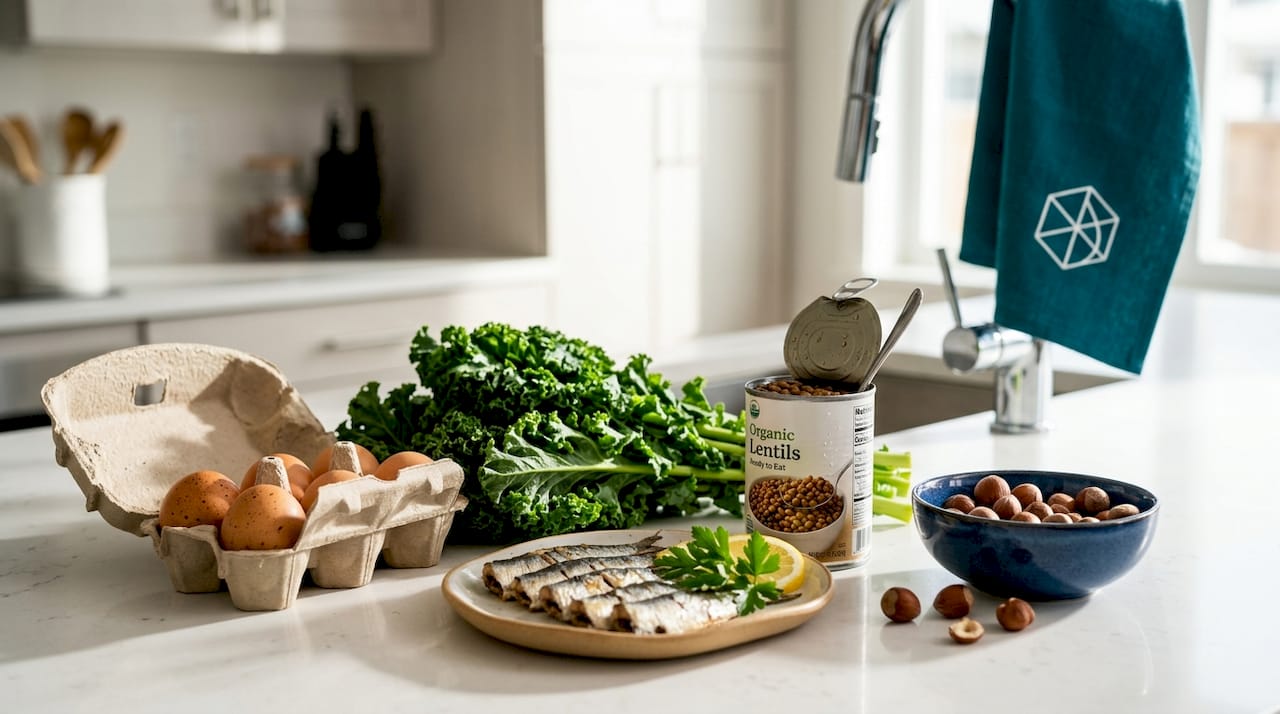 Whole foods rich in dietary minerals on kitchen counter