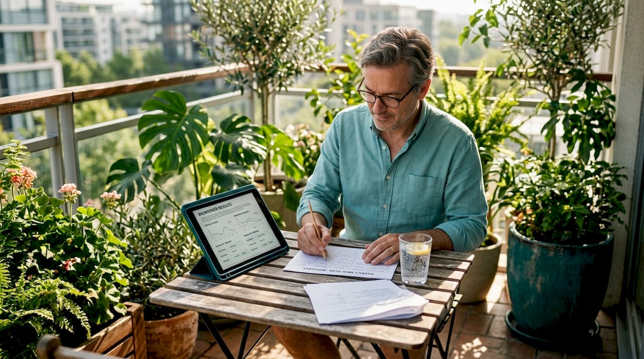Man reviewing nutrition plan progress at table