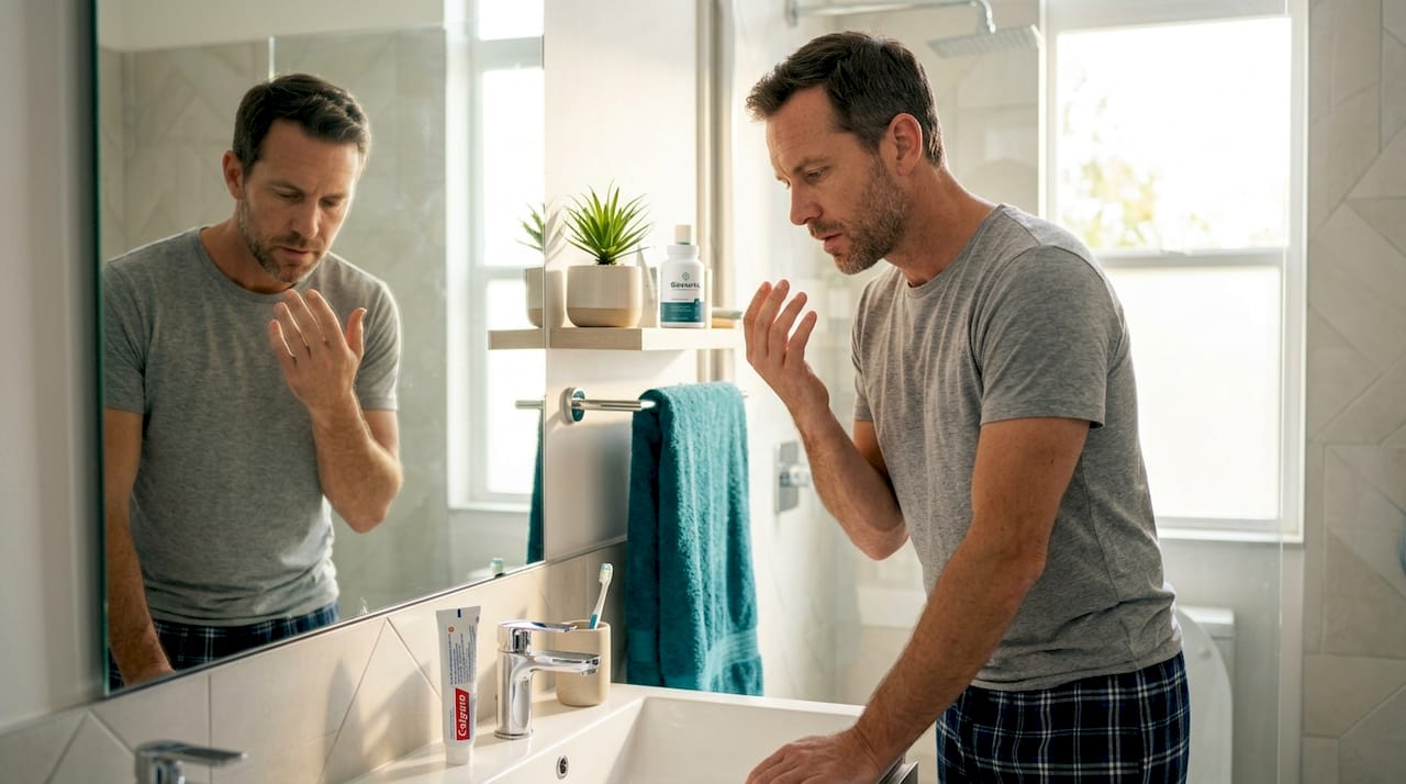 Man checks fingernails for health in bathroom