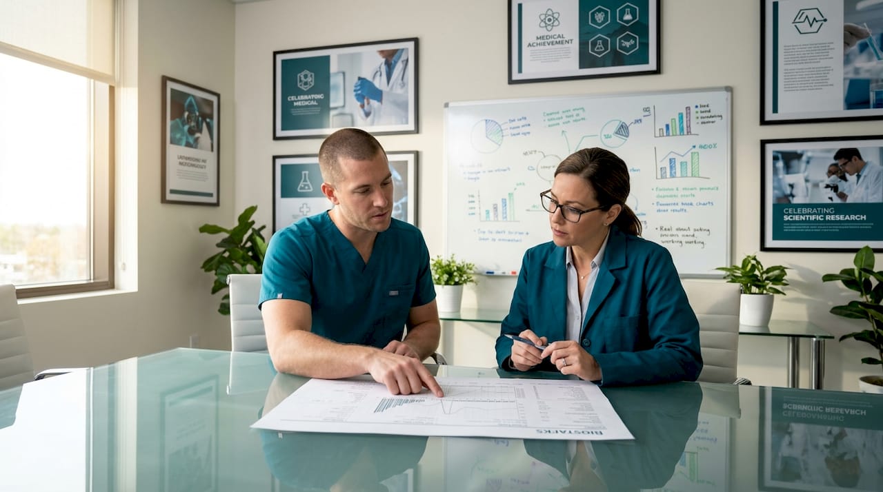 Health staff discussing diagnostics test results