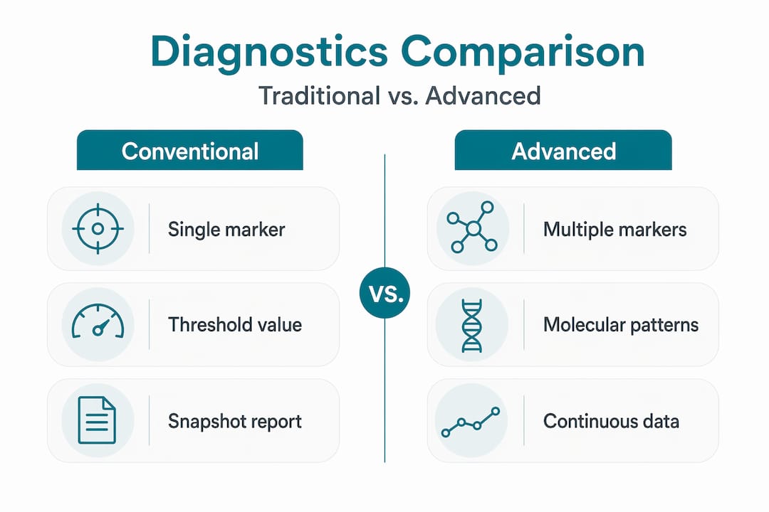 Infographic comparing conventional and advanced diagnostics
