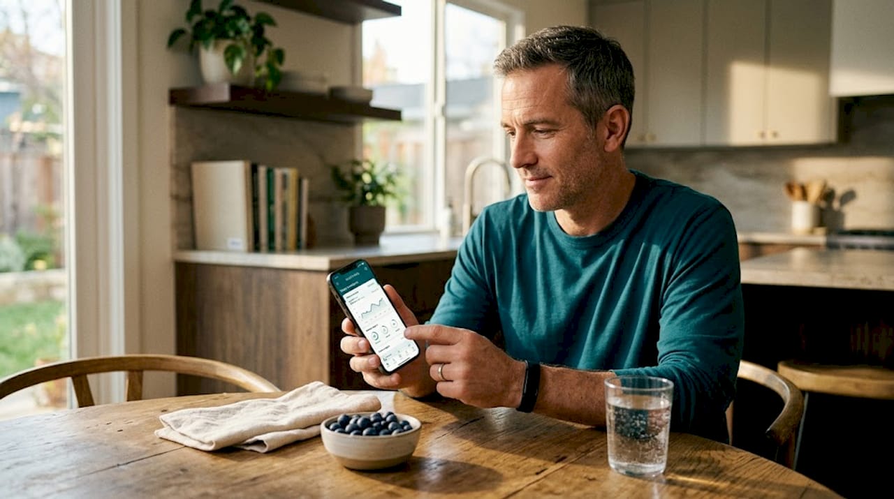 Man at table checking health app resting heart rate