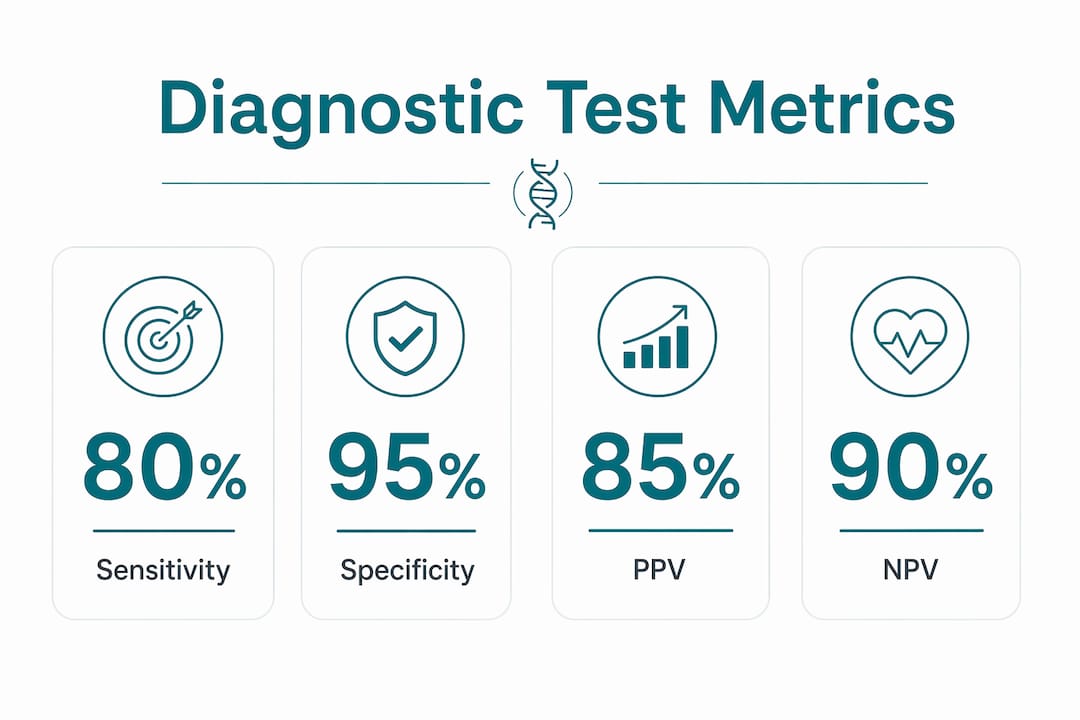 Infographic showing key diagnostic test metrics and percentages