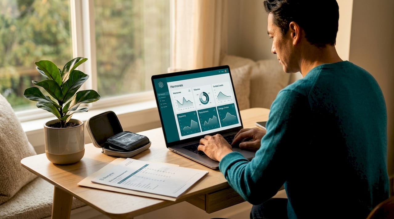 User reviewing biomarker data on laptop