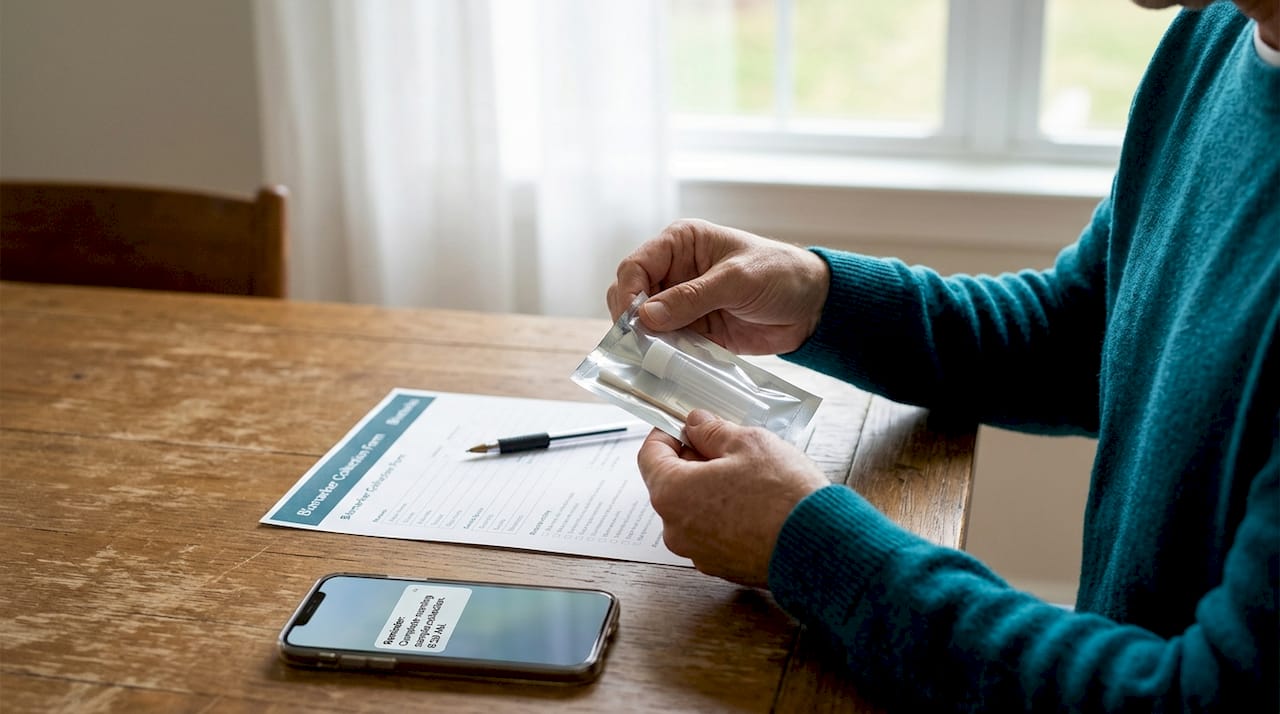 Hands preparing biomarker at-home test components