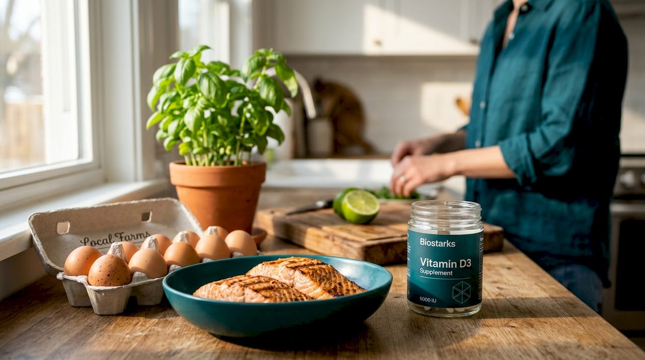 Kitchen countertop with vitamin D rich foods and supplement