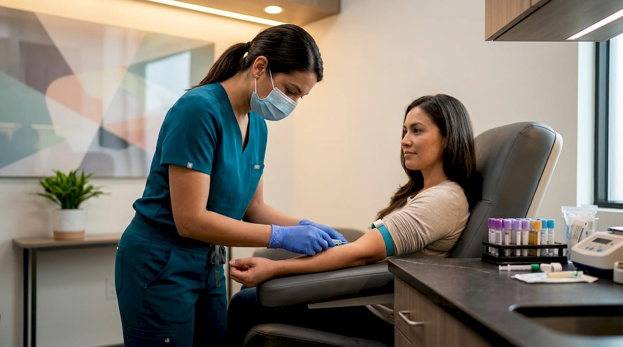 Technician drawing blood sample in lab