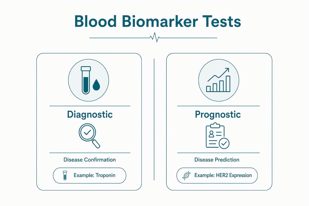 Infographic illustrating diagnostic and prognostic blood biomarker tests