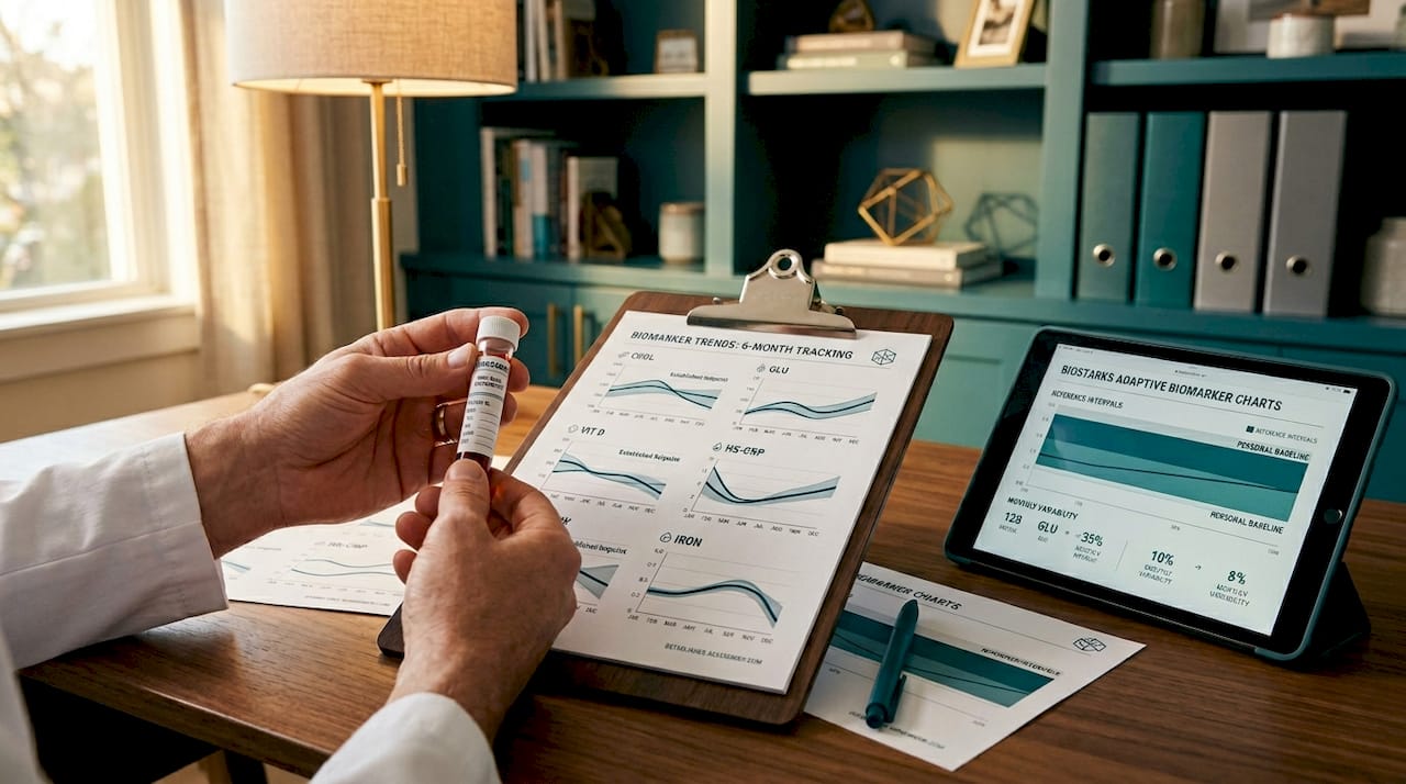 Hands holding blood sample and biomarker trend charts