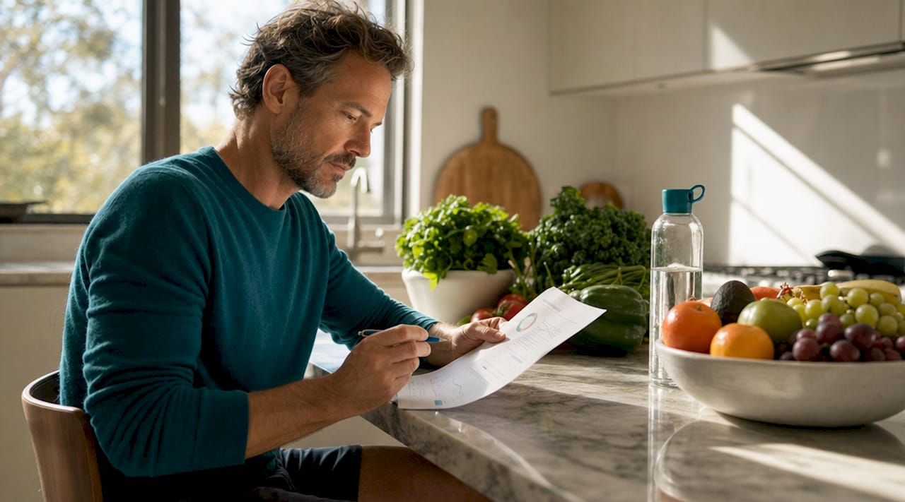 Man reviewing personalized nutrition report at desk