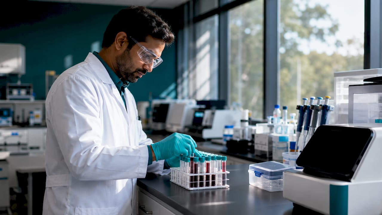 Lab technician handling blood samples in a clinical lab