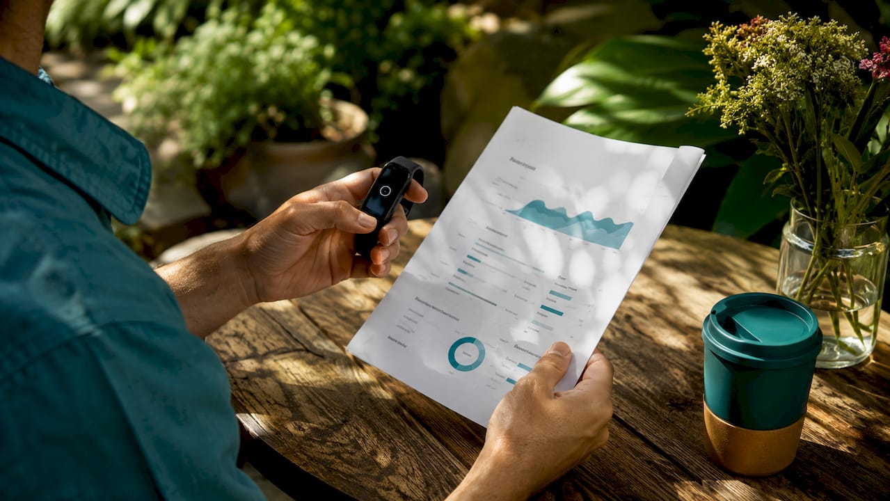 Hands selecting health metrics with wearable and notes