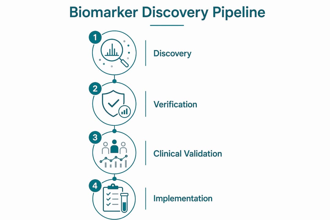 Infographic illustrating four-stage biomarker discovery pipeline