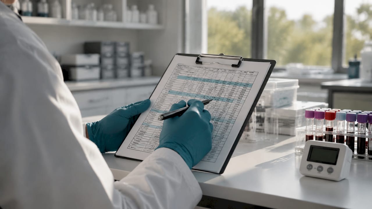 Scientist reviewing metabolic panel marker data in lab
