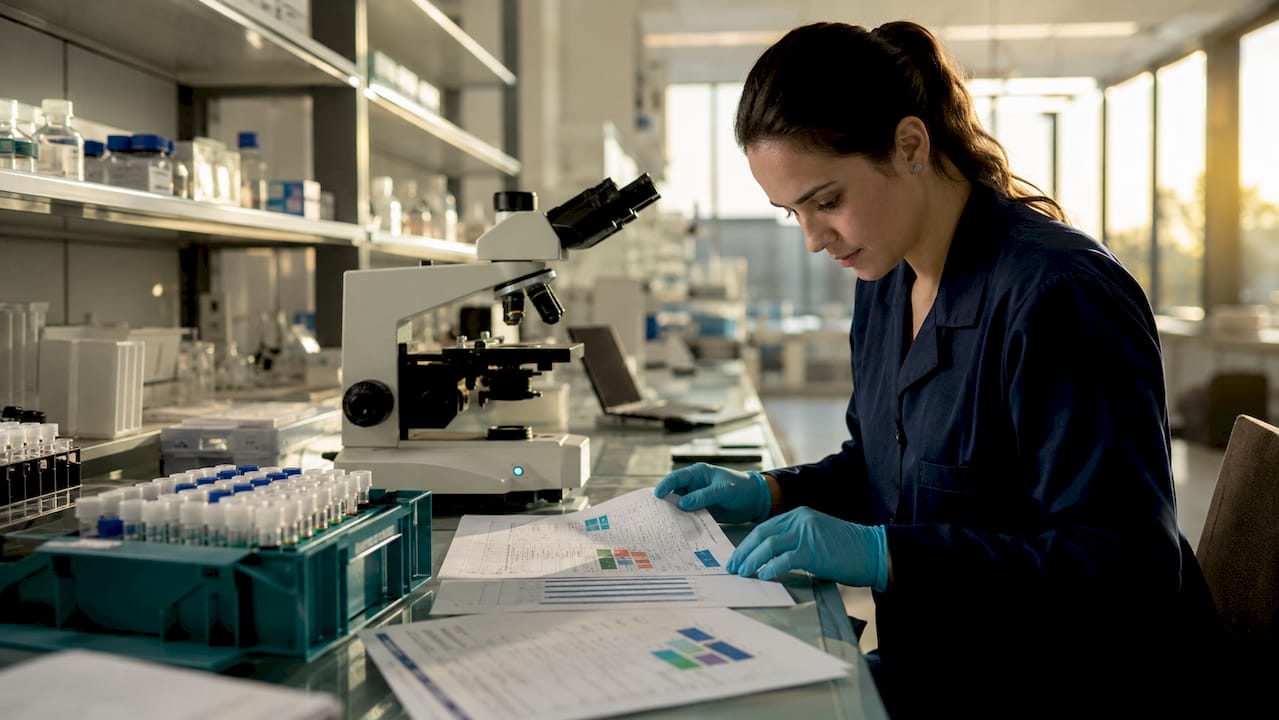 Scientist reviewing multi-omics biomarker data in lab