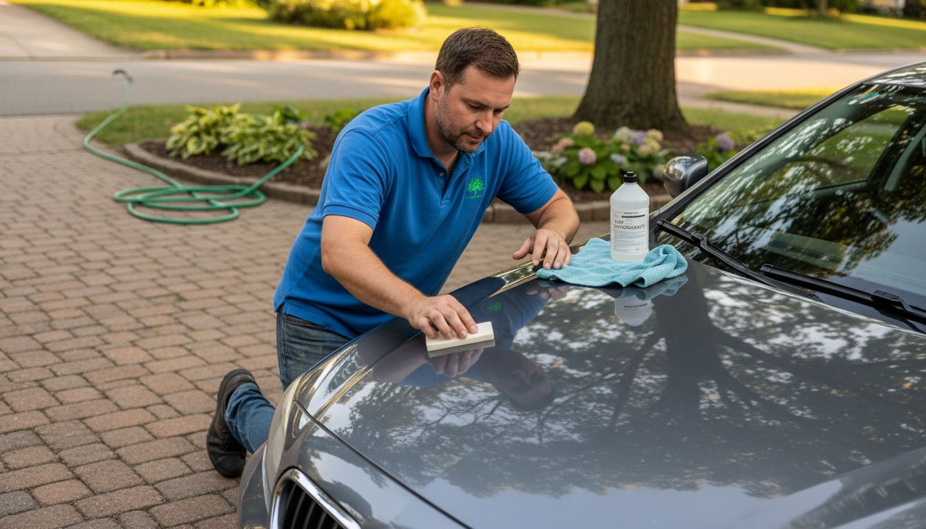 Man using detailing clay on car hood