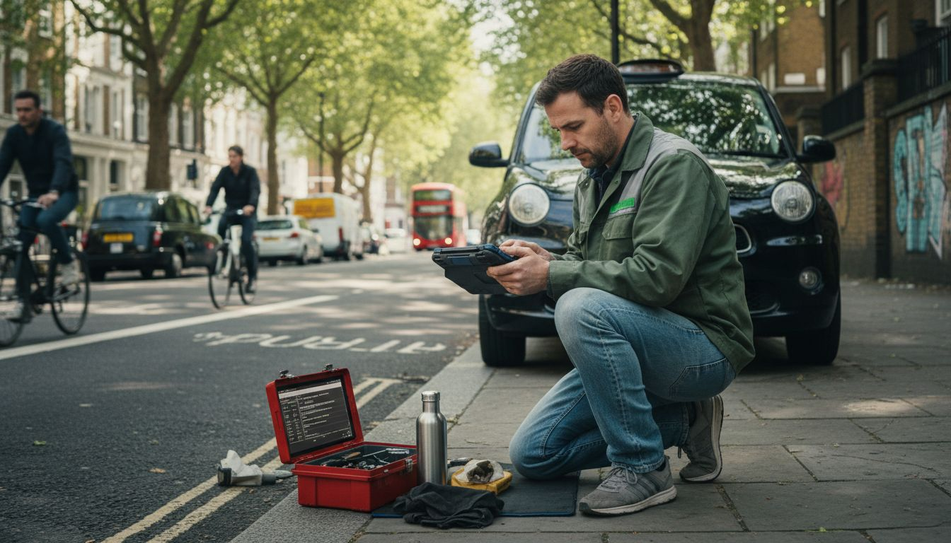 Mobile mechanic servicing electric car roadside