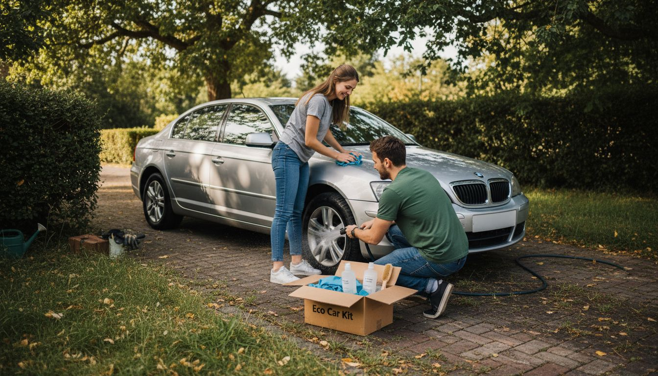 Eco-friendly car cleaning products being used by couple
