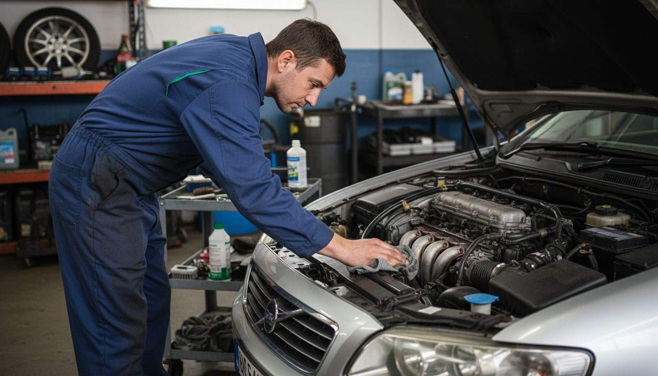 Technician cleaning engine bay in workshop