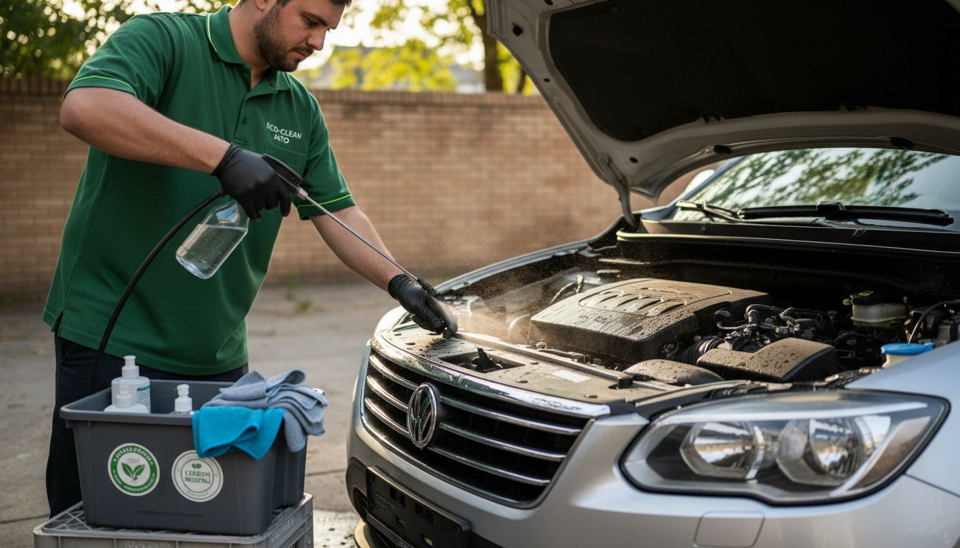 Detailer applying eco cleaner to engine