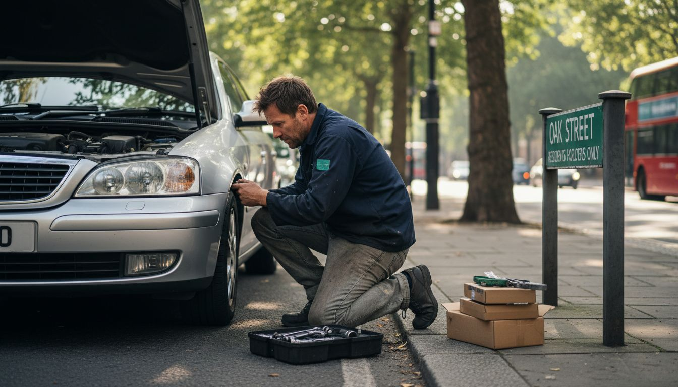 Mobile mechanic servicing car in city
