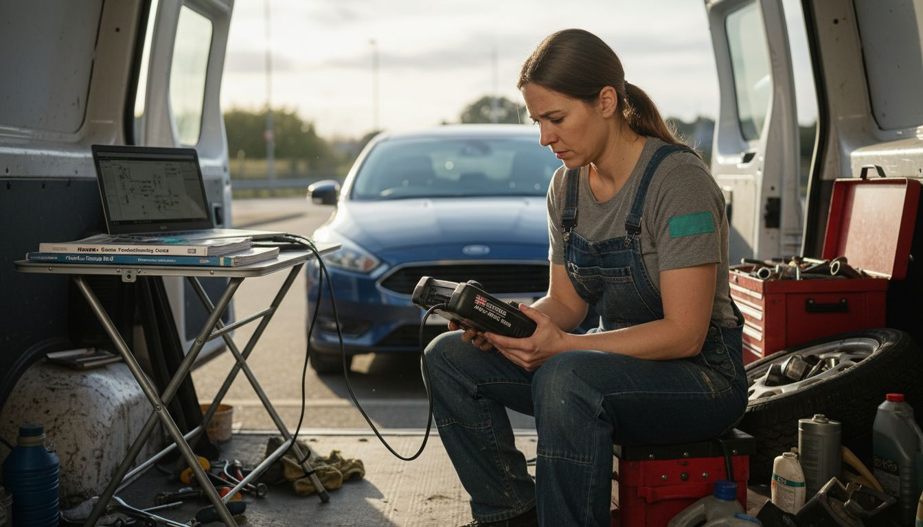 Mechanic performing diagnostics in work van