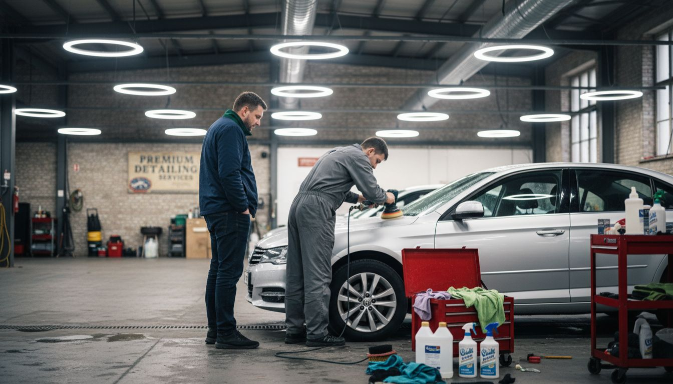 Car detailing in authentic auto shop environment