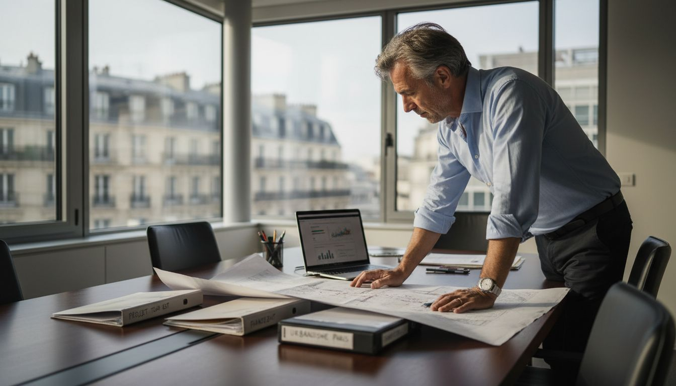 Un homme passe en revue les plans d’un projet immobilier dans son bureau.