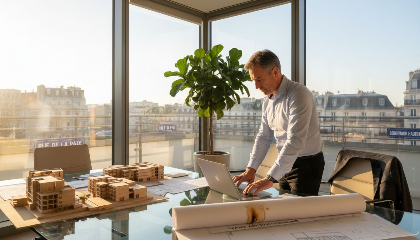 Chef de projet en train d’analyser les plans immobiliers pour valider leur conformité et anticiper les éventuels ajustements nécessaires.