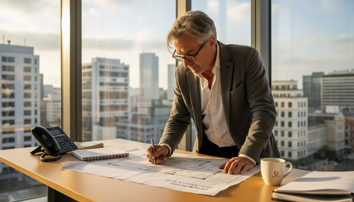 Un gestionnaire immobilier en train d’étudier les plans d’aménagement d’un espace de bureaux.
