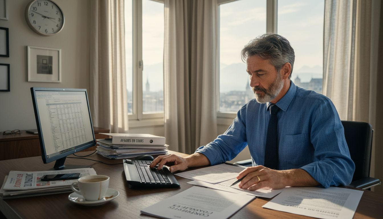 Un gestionnaire immobilier passe en revue les contrats pour un bureau basé en Suisse.