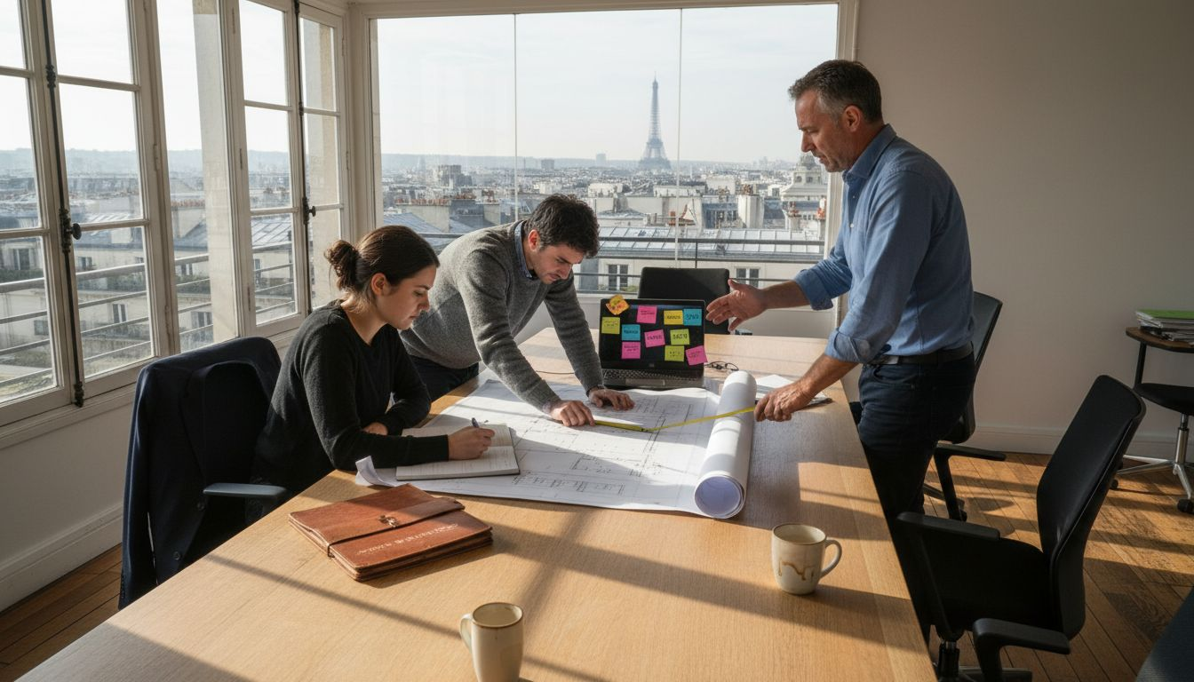 Un chef de projet réunit son équipe pour examiner ensemble les plans d’un futur programme immobilier au bureau.