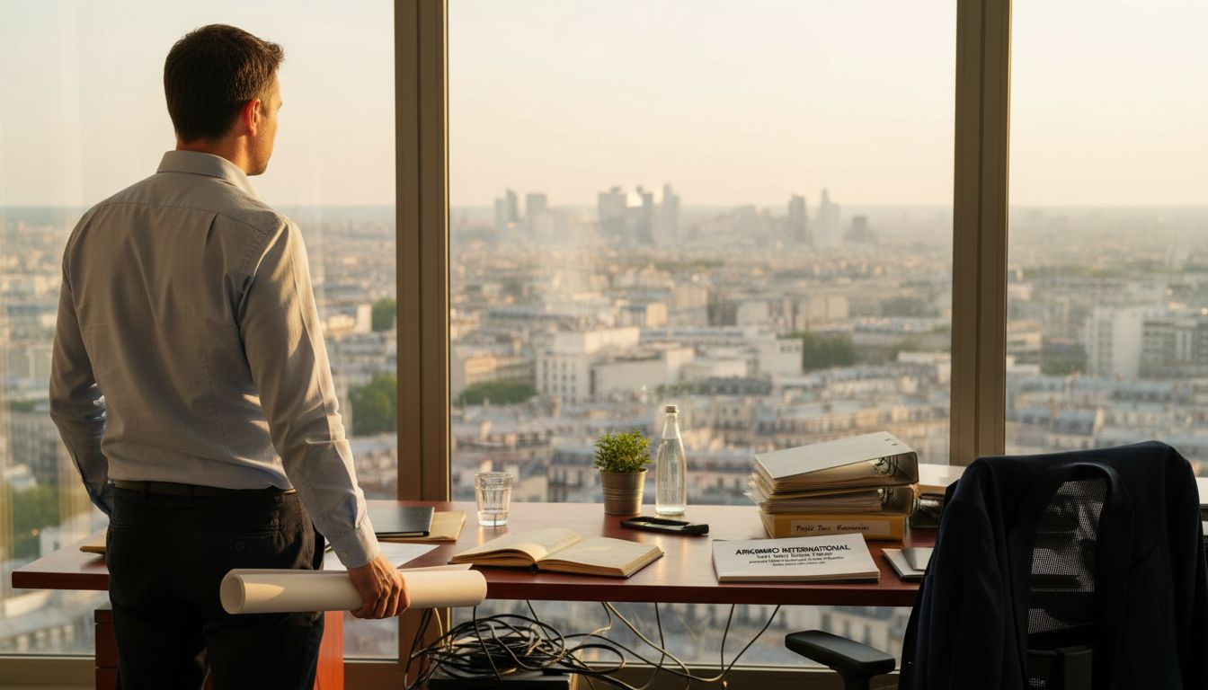 Un cadre examine les plans d’un nouveau projet dans son bureau, au cœur de la ville.