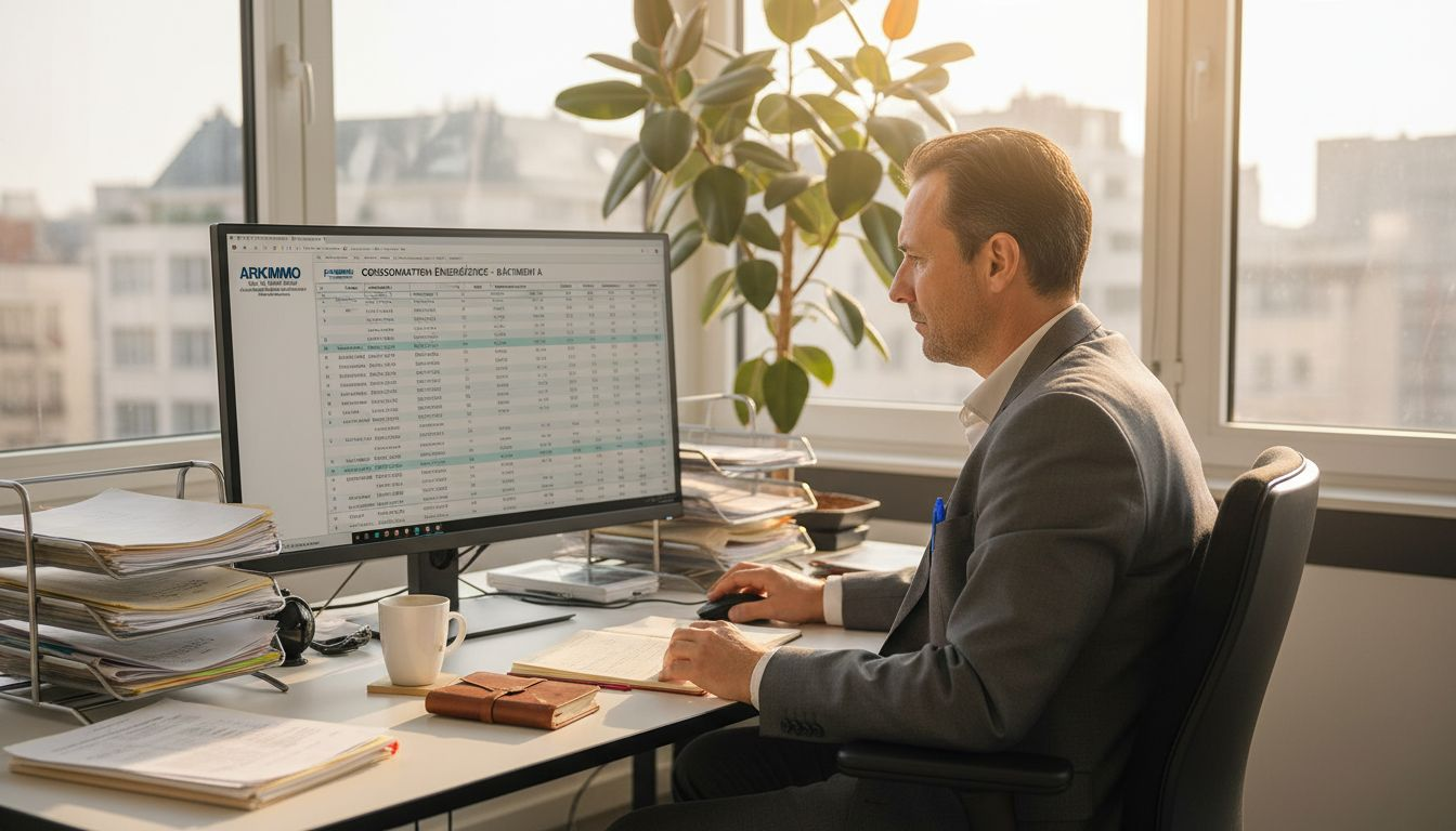 Dans son bureau, le gestionnaire immobilier analyse attentivement le rapport dāaudit ESG pour Ć©valuer la conformitĆ© et les axes dāamĆ©lioration de son patrimoine.