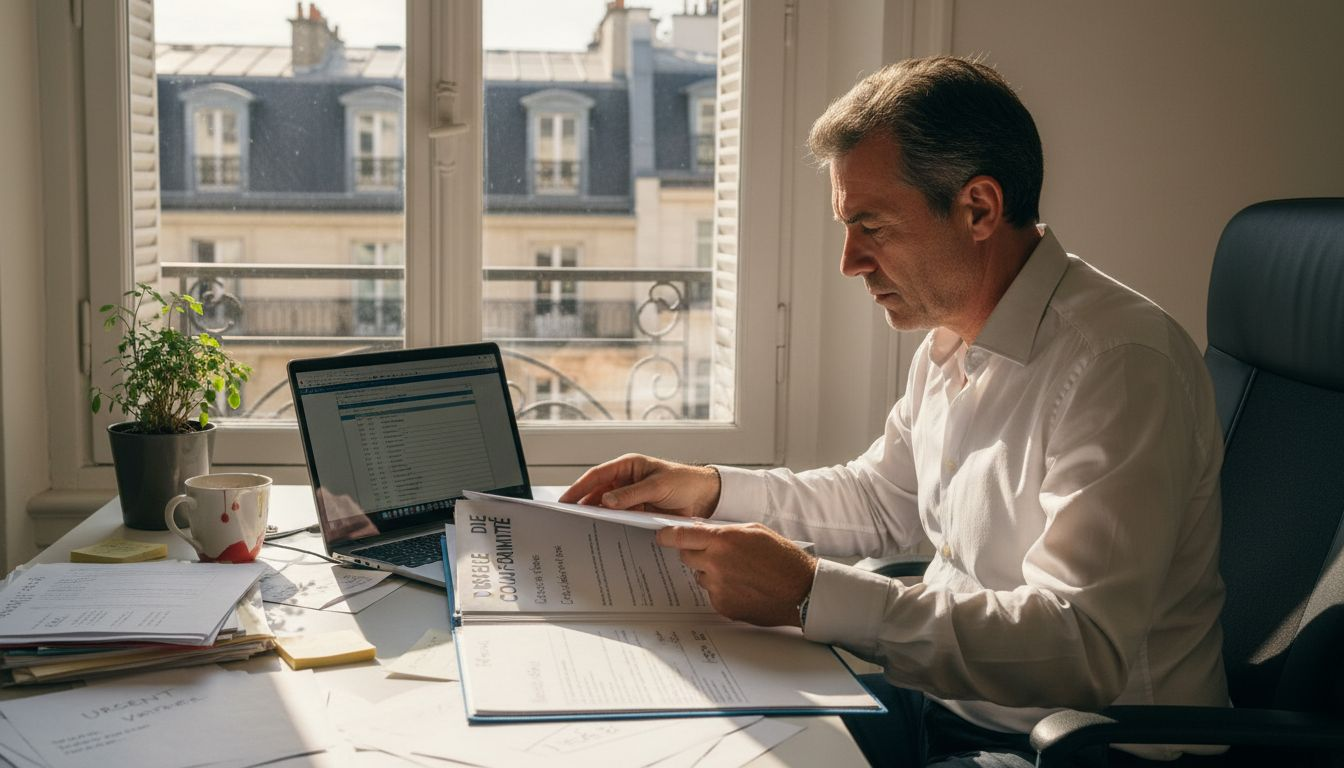 Le gestionnaire immobilier vérifie le dossier de conformité du bureau afin de s'assurer que tout est en règle.