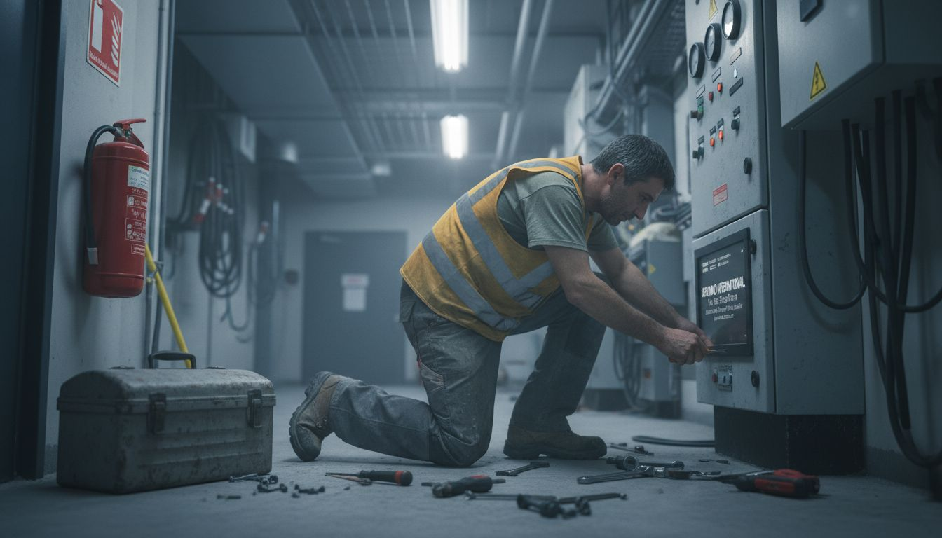 Un technicien procède au réglage du panneau de climatisation dans la salle technique.