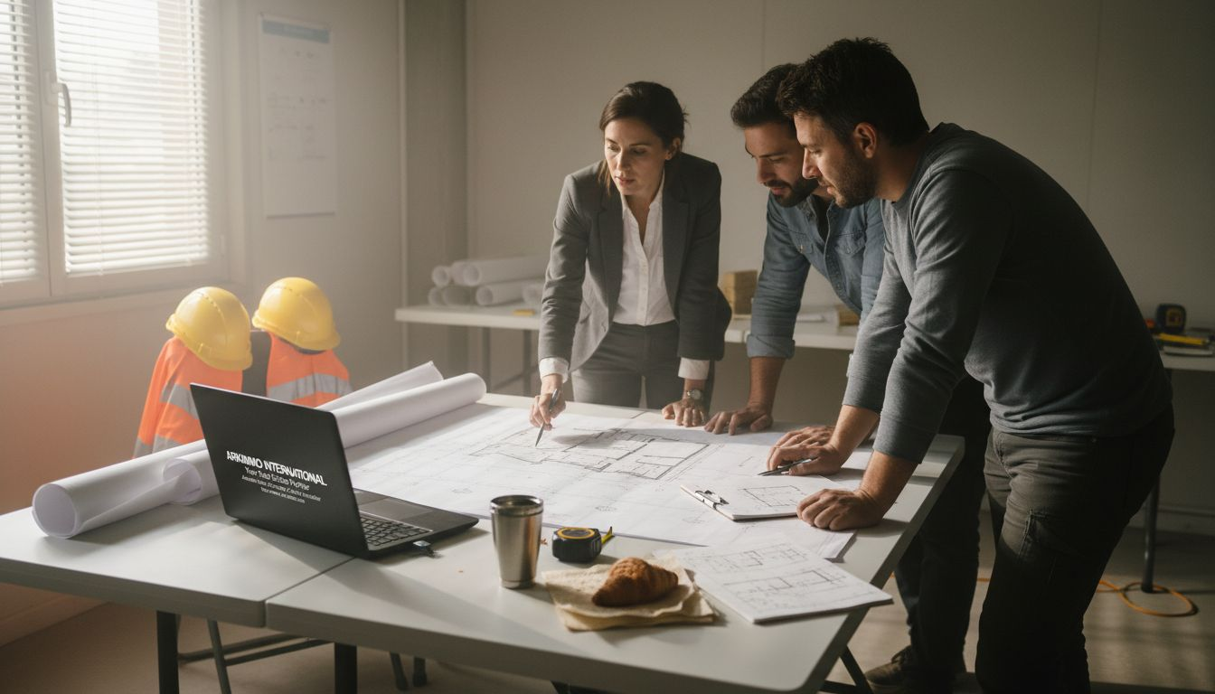 Un architecte et des ingénieurs échangent autour des plans du chantier.
