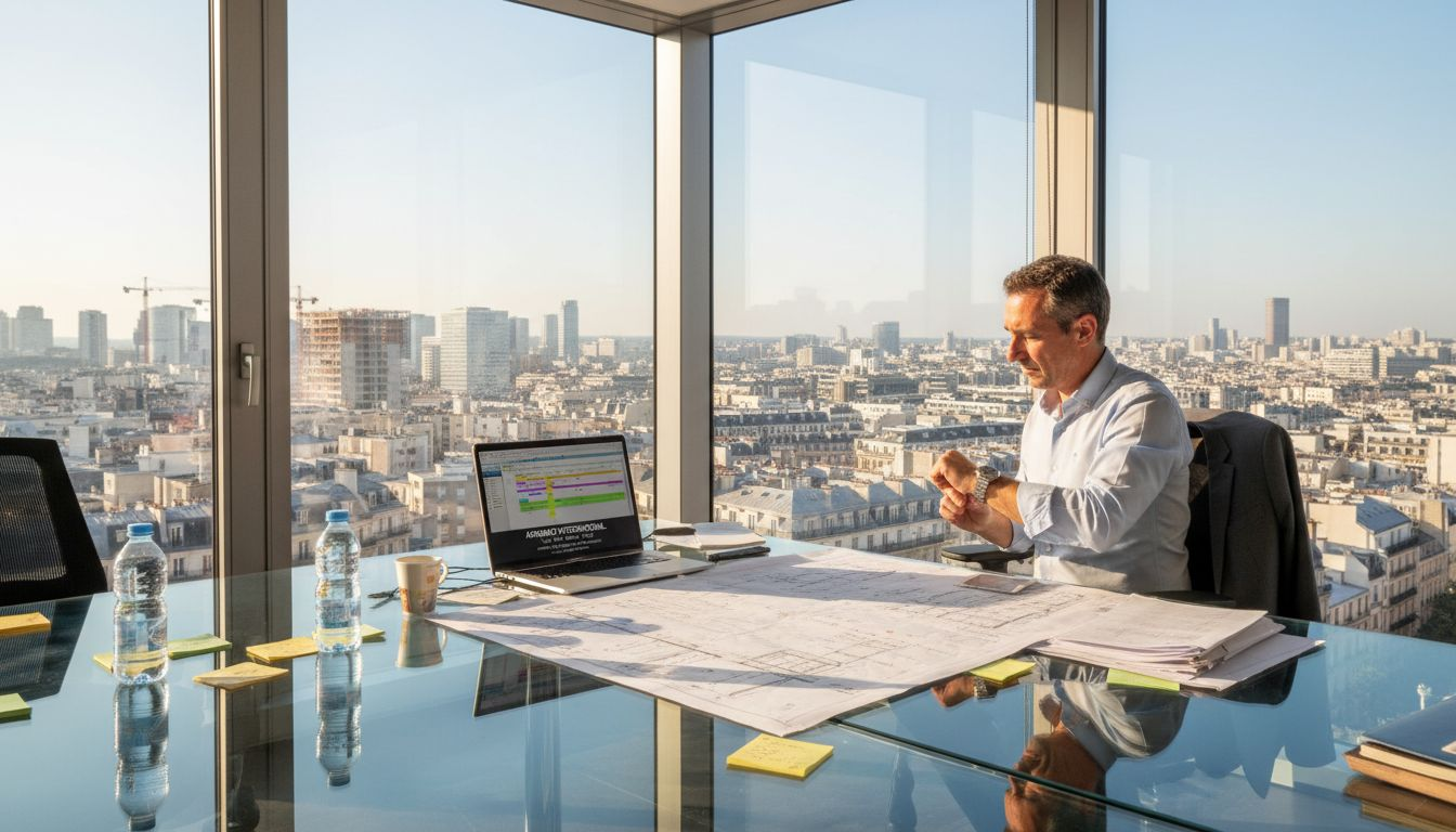 Un chef de projet examine des plans dans un bureau en centre-ville.