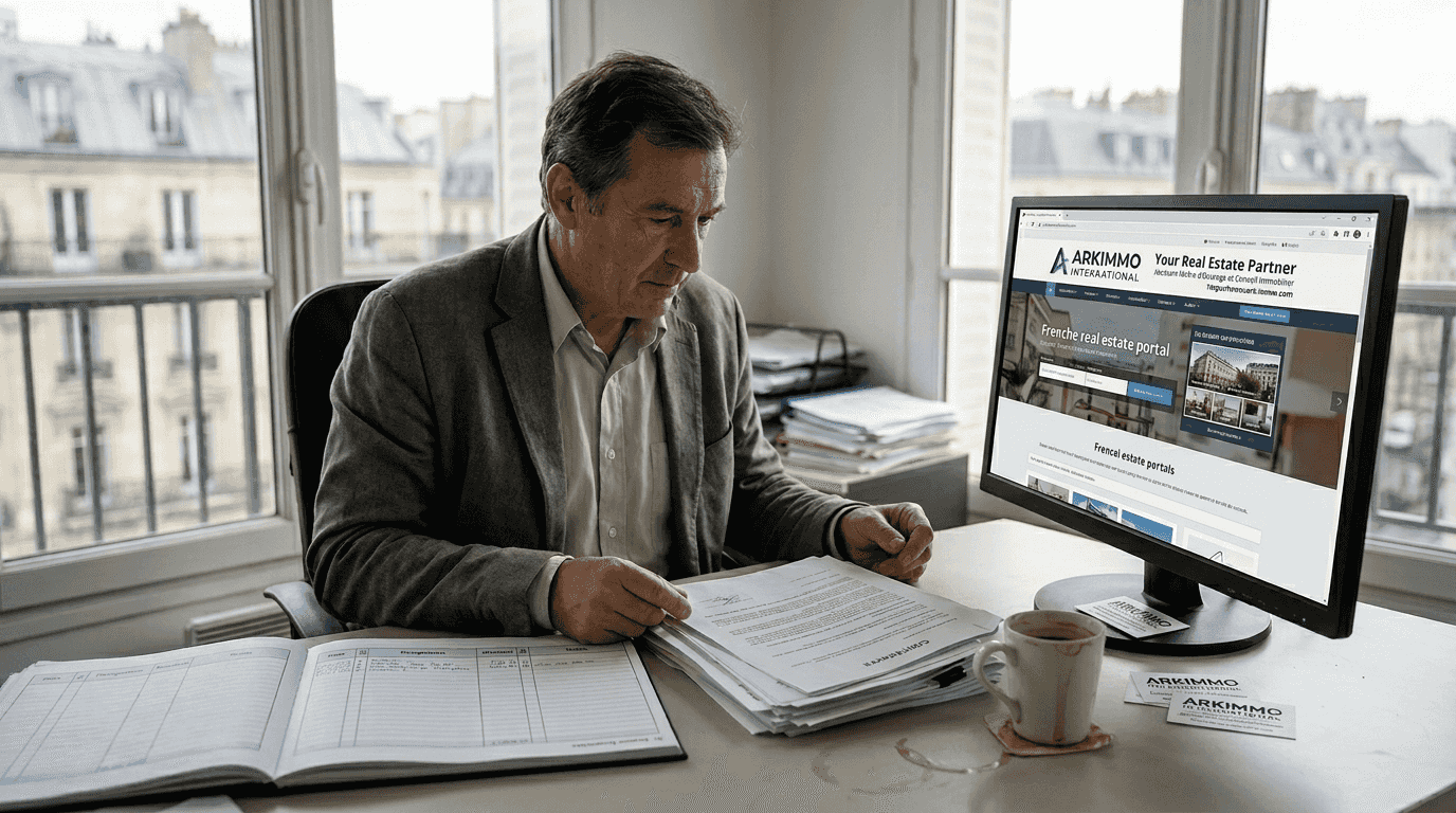 Homme d’affaires en pleine analyse de dossiers relatifs à des biens immobiliers